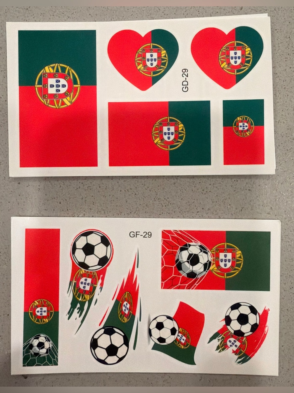 Portugal Flag Temp. Tattoo Sheet - Red & Green Home Design Decals- 2 FULL SHEETS